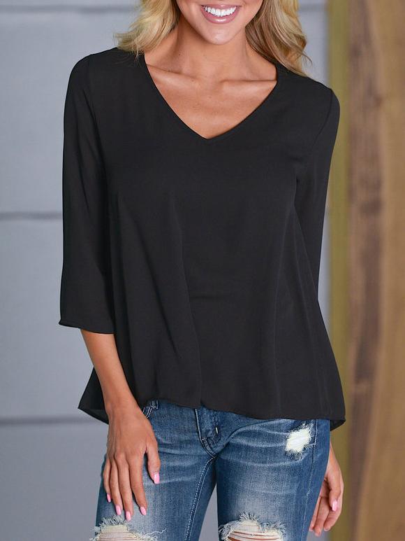 Romwe V-neck Slit Back Chiffon Blouse - Black