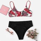 Romwe Random Leaf Print Top With High Waist Bikini