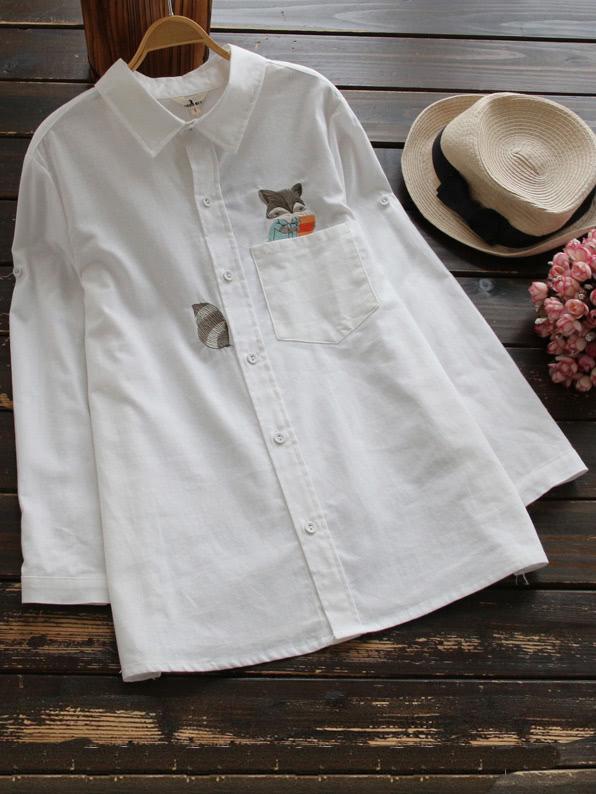 Romwe Fox Embroidered Shirt With Chest Pocket