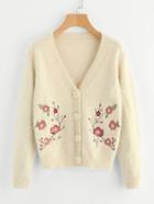Romwe Flower Embroidered Fuzzy Cardigan