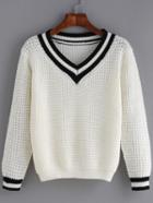 Romwe V Neck Striped Trim White Sweater