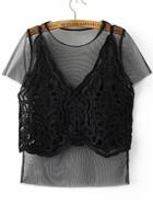 Romwe Black Mesh Tee With Lace Crochet Cami Top