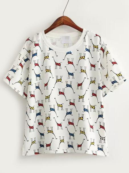 Romwe Giraffe Print White T-shirt