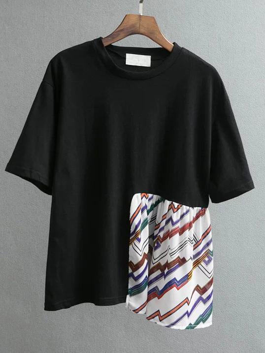 Romwe Black Patchwork Drop Shoulder T-shirt