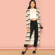 Romwe Drop Shoulder Striped Jersey Duster Coat