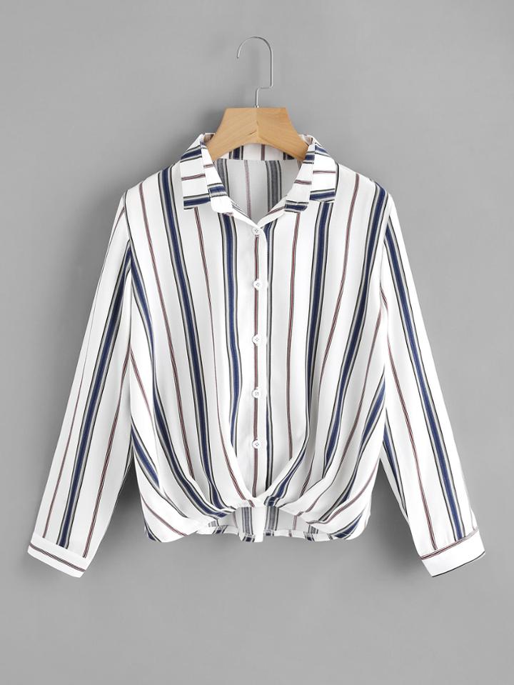 Romwe Pleated Gathered Front Dip Hem Striped Shirt