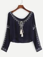 Romwe Navy Embroidered Tassel Tie Neck High Low Blouse