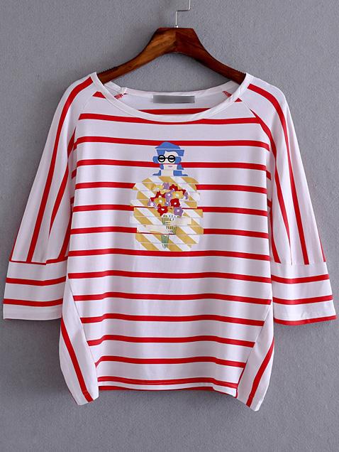 Romwe Red And White Stripe Printed T-shirt