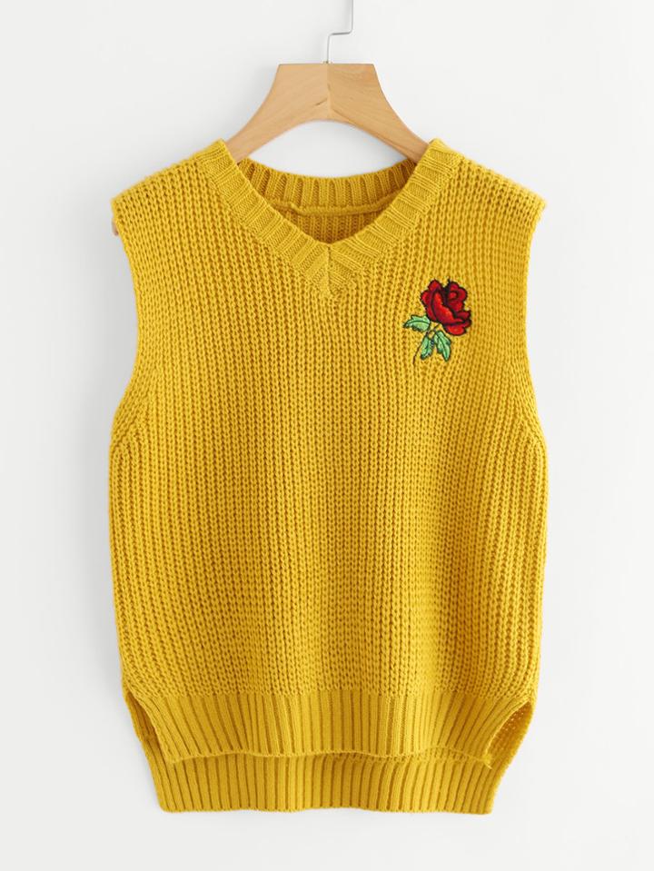 Romwe Rose Embroidered Patch Dip Hem Knit Vest