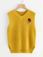 Romwe Rose Embroidered Patch Dip Hem Knit Vest
