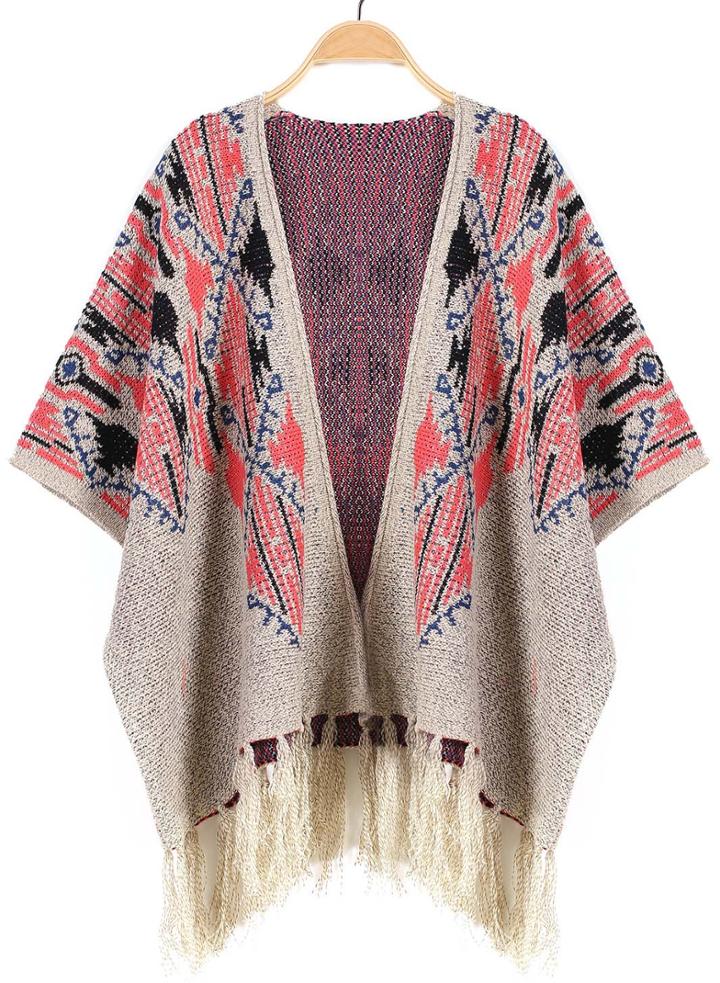 Romwe Geometric Print Tassel Apricot Cardigan