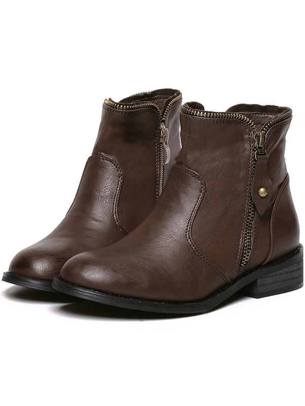 Romwe Brown Round Toe Chunky Heel Short Boots