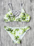Romwe Leaf Print Criss Cross Bikini Set