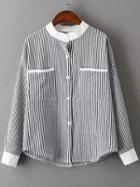 Romwe Vertical Striped Pockets Buttons Blouse
