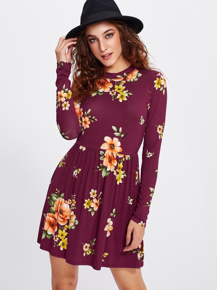 Romwe Open Back Botanical Smock Dress