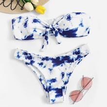 Romwe Random Ink Drawing Knot Front Ribbed Bandeau Bikini