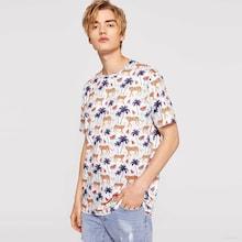 Romwe Guys Leopard & Coconut Tree Print T-shirt