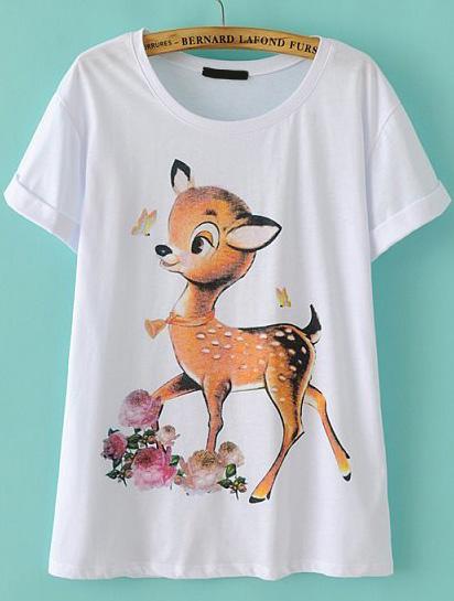 Romwe Deer Print Loose White T-shirt
