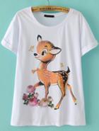 Romwe Deer Print Loose White T-shirt