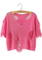 Romwe Hollow Crop Rose Red Sweater