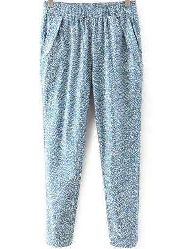 Romwe Elastic Waist Zigzag Denim Pant