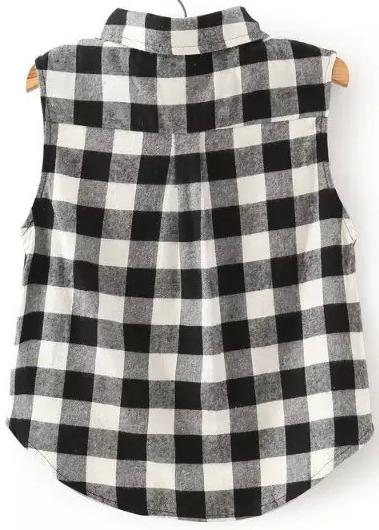 Romwe Black White Lapel Sleeveless Plaid Blouse