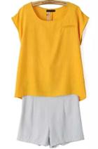 Romwe Round Neck Loose Yellow Top With Zipper Shorts
