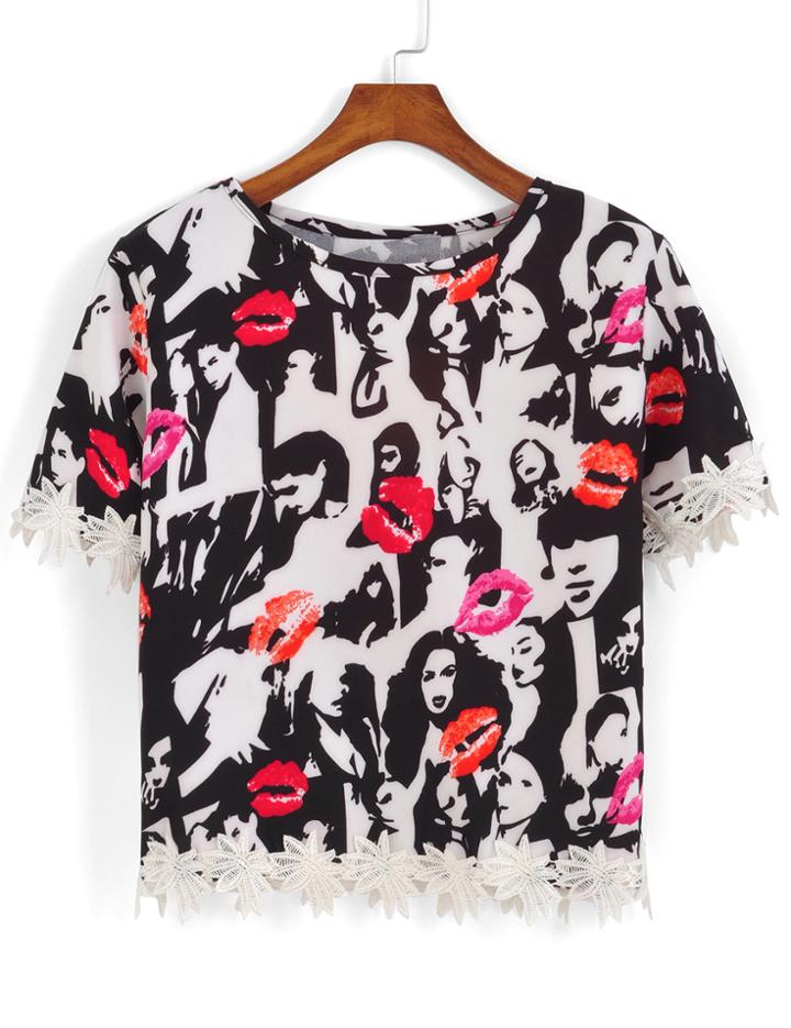 Romwe Contrast Hem Lips Print T-shirt