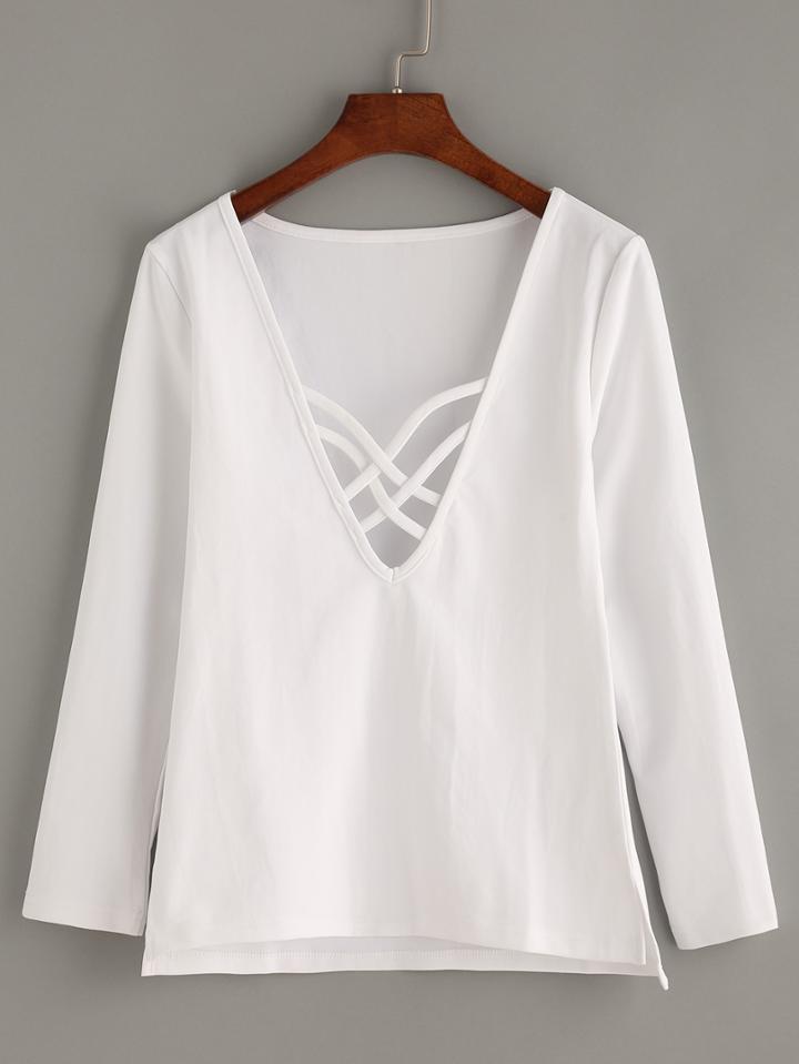 Romwe Criss Cross V Neck Long Sleeve White T-shirt