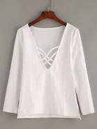 Romwe Criss Cross V Neck Long Sleeve White T-shirt