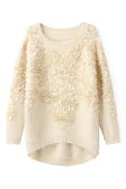 Romwe Asymmetric Floral Appliqued White Jumper