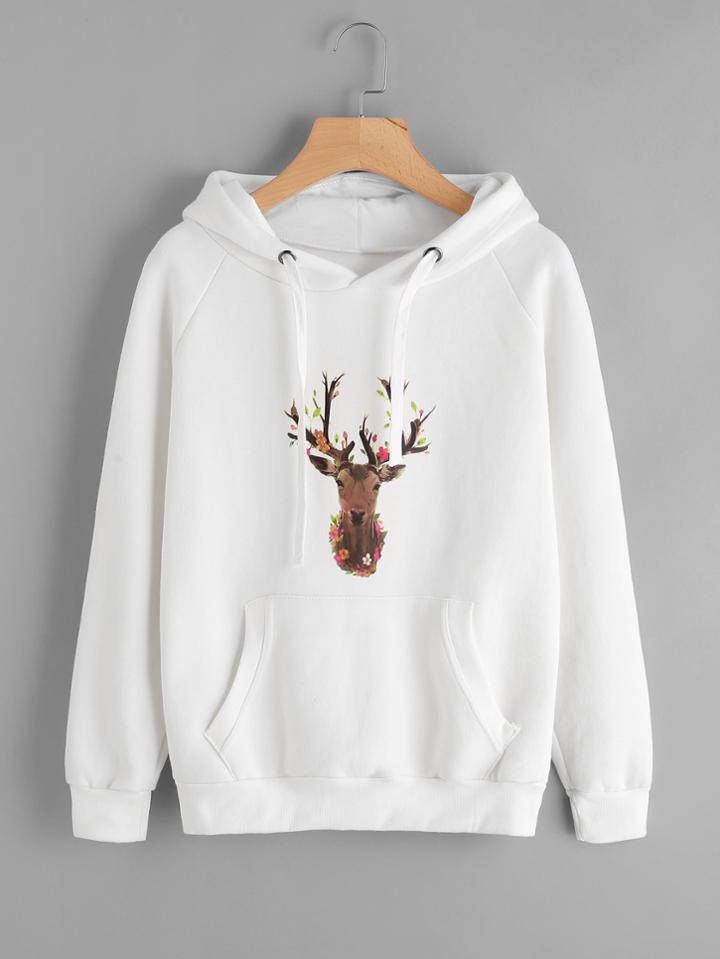 Romwe Elk Print Kangaroo Pocket Hoodie