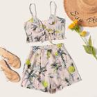 Romwe Pineapple Print Tie Front Cami Top With Shorts