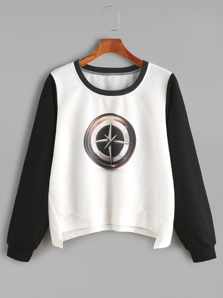 Romwe Contrast Sleeve Compass Print Dip Hem Sweatshirt