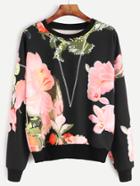 Romwe Black Flower Print Topstitch Sweatshirt
