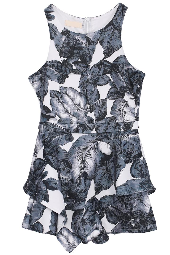 Romwe Leaf Print Sleeveless Peplum Black Jumpsuit