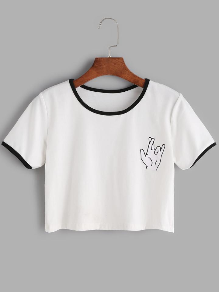 Romwe White Contrast Trim Gesture Print T-shirt