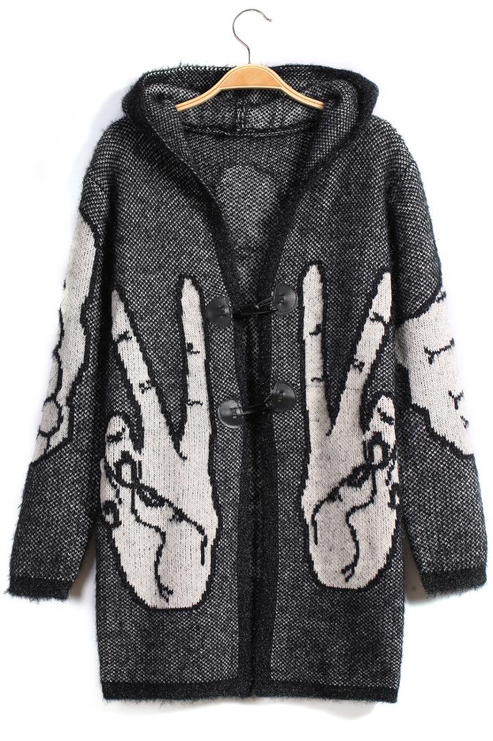 Romwe Hooded Hand Print Loose Cardigan
