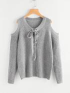 Romwe Open Shoulder Grommet Lace Up Jumper