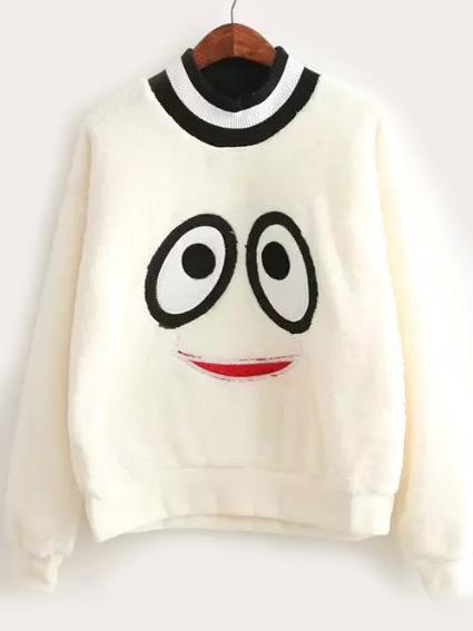 Romwe Mock Neck Cartoon Pattern White Sweatshirt