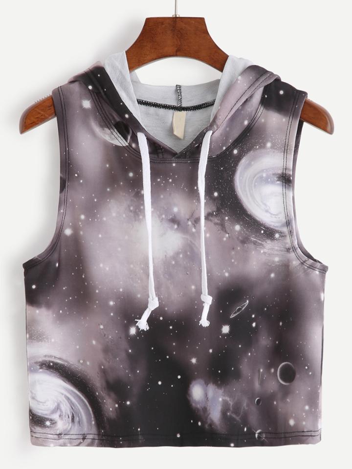 Romwe Galaxy Print Drawstring Hooded Crop Top