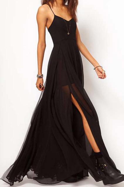 Romwe Romwe Double-layered Split Side Black Swing Maxi Dress