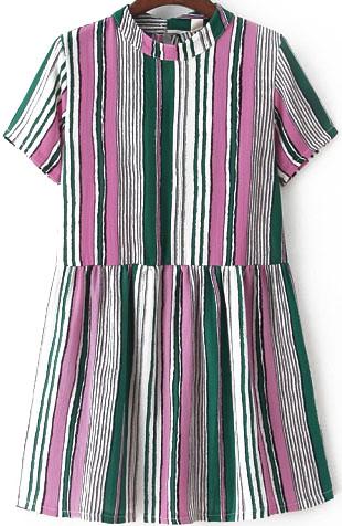 Romwe Short Sleeve Vertical Striped Pink Dress