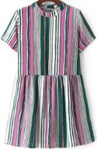 Romwe Short Sleeve Vertical Striped Pink Dress