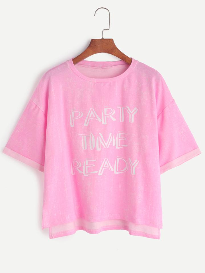Romwe Pink Letter Print High Low Cuffed T-shirt