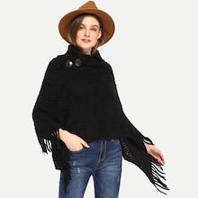 Romwe Rolled Neck Fringe Trim Poncho Sweater