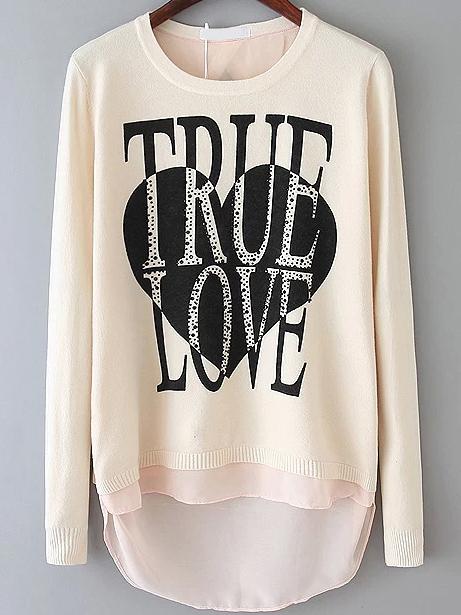 Romwe Chiffon Hem Letter Print Buttons Apricot Sweater