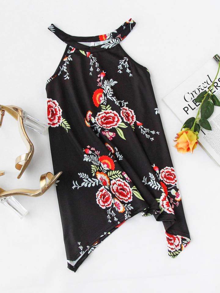 Romwe Floral Print Hanky Hem Top