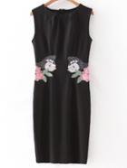 Romwe Black Sleeveless Zipper Flowers Embroidery Dress