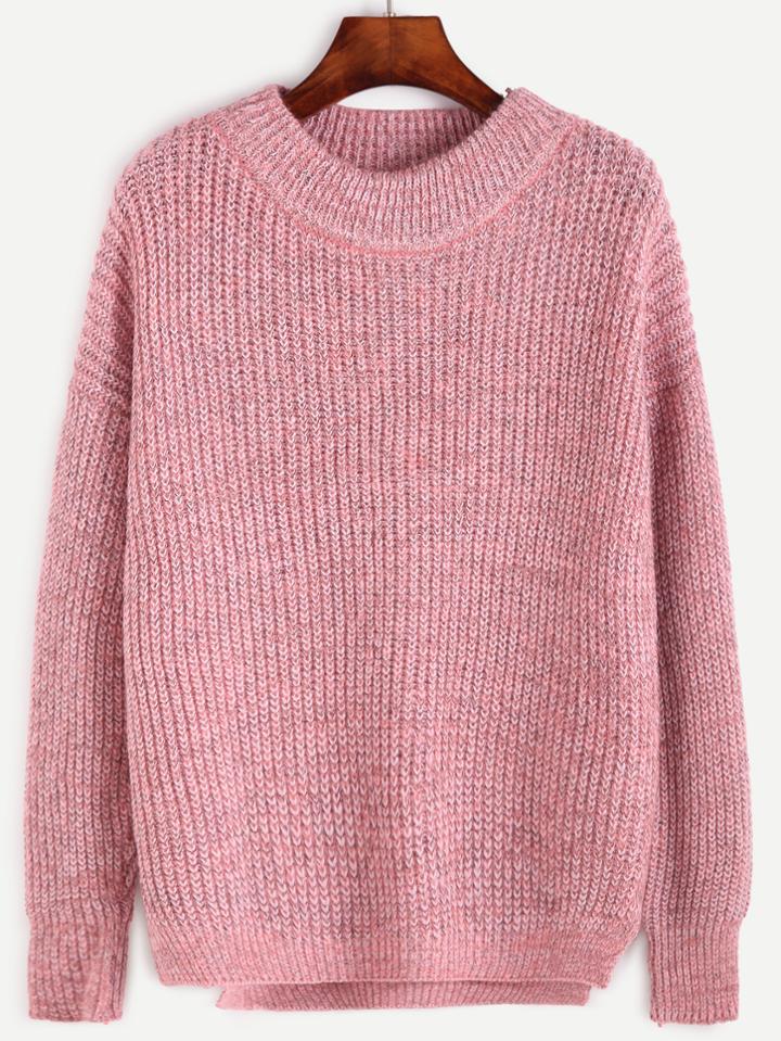 Romwe Pink Crew Neck Drop Shoulder Dip Hem Sweater